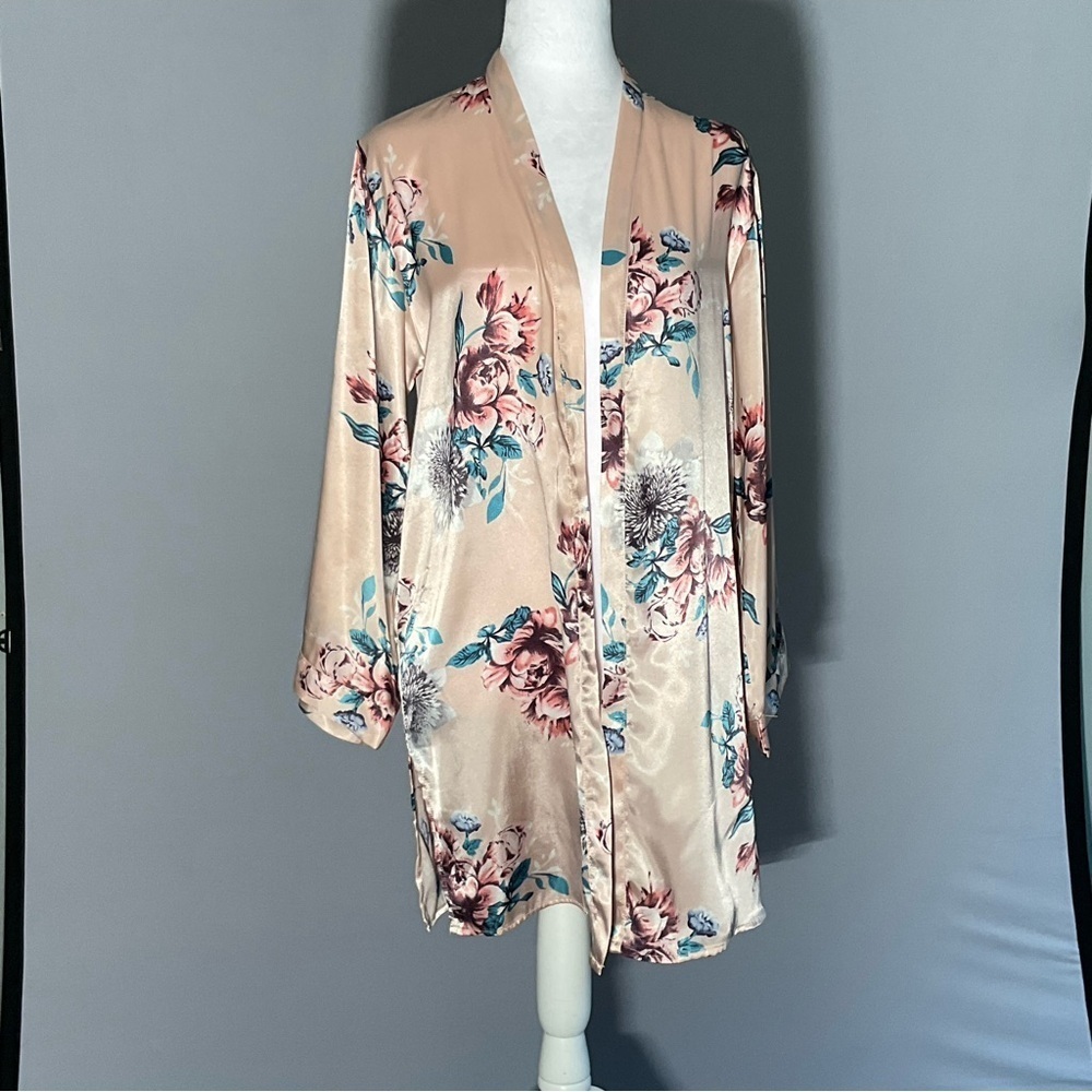 Sienna Sky Floral Satin Kimono Open Front Lightweight Duster Small